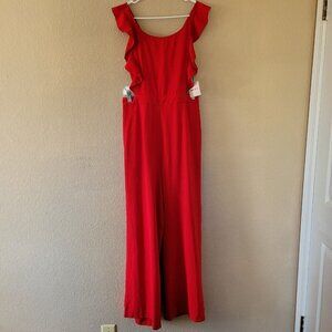 Superdown Revolve Red Jumpsuit Size Large Wide Leg Ruffle Cut Out Valentines Nwt